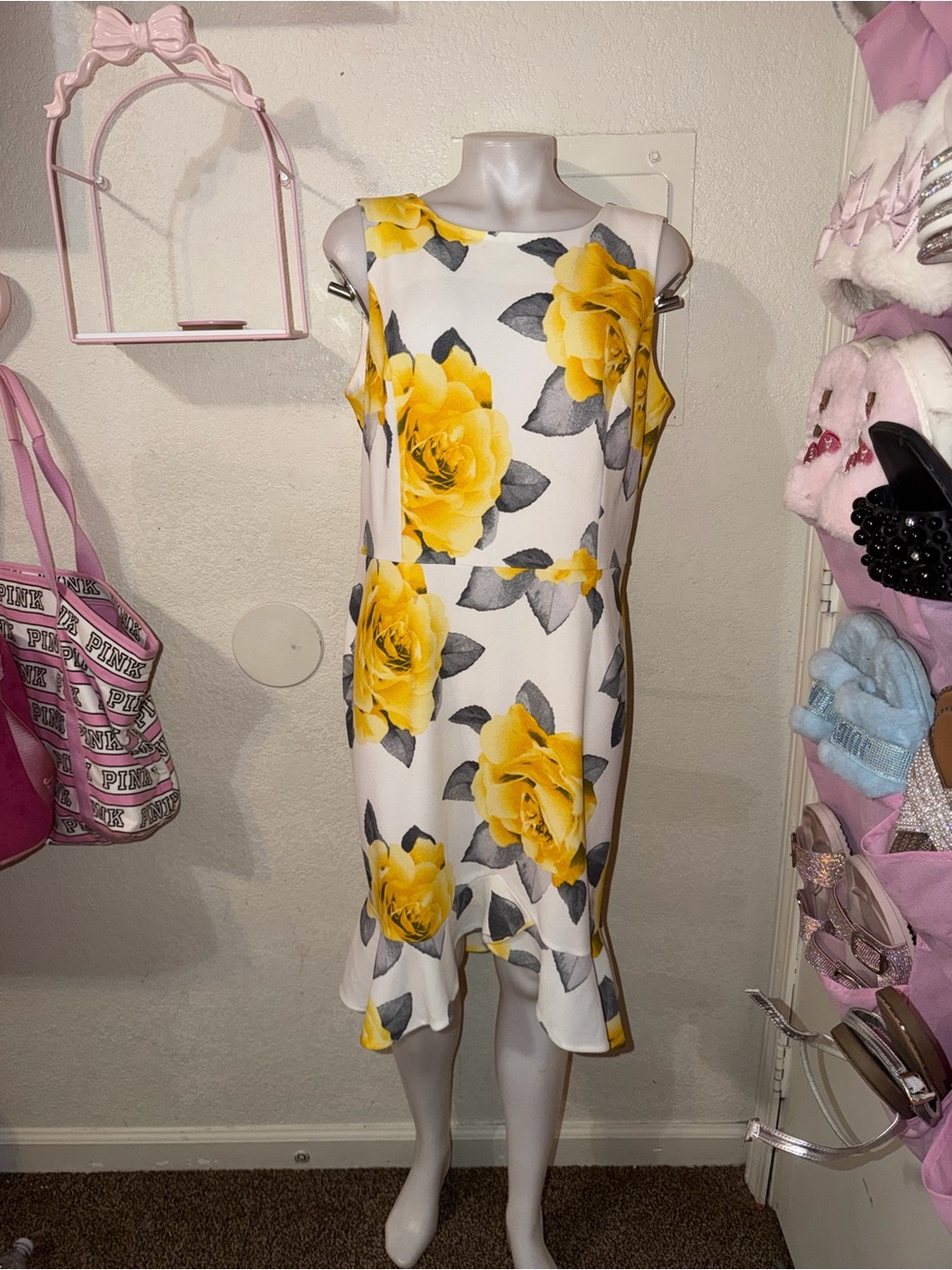 Sleeveless White Midi Dress with Yellow Rose Print